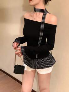 DAZY 女款條紋綁帶荷葉邊下擺長袖 2 合 1 露肩外出上衣 - 黑色 - 查看 3