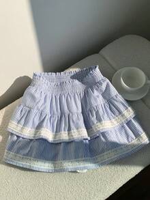 Comfortcana Chân váy xòe kẻ sọc dáng rộng, đa năng, thích hợp mặc hàng ngày, dành cho nữ cỡ lớn. - Xanh và trắng - Xem 5