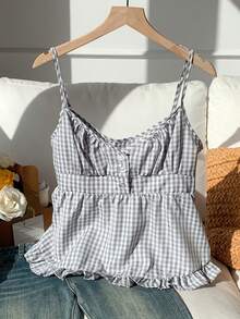 SHEIN EZwear 女士夏季格紋蕾絲背心，襯有褶邊 - 彩色 - 查看 4