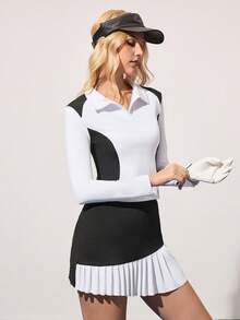 CourtClass 女士高尔夫球衫及裙子套装，休闲优雅高尔夫球衫长袖上衣及高尔夫/网球裙 - 黑與白 - 查看 7