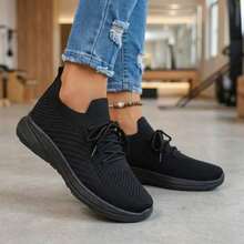 Mujer Zapatillas Deportivas De Tejido De Punto Transpirable Con Cordones Suela Gruesa Negra - Negro - Ver 12