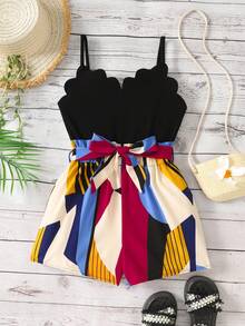 Mono de verano casual de vacaciones con estampado de parches florales para niñas preadolescentes, adecuado para el verano, las vacaciones y la playa - Multicolor - Ver 6