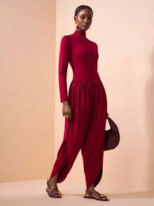 Zivah Elegant Burgundy Autumn Dining Jumpsuit,Slim Fit Stand Collar Front Cutout Long Sleeve Waist Cinching Lantern Pants,Western Bohemian Party Wedding - Burgundy - View 6