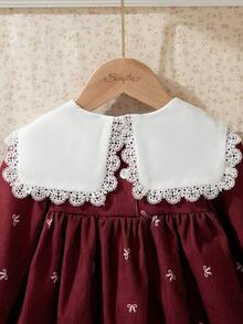 Souflis Souflis 2025秋冬新款法式复古浅粉色长袖蝴蝶结装饰连衣裙，适合外出及多种场合，女婴连衣裙