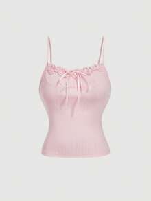 SHEIN MOD Women's Casual Versatile Lace Trim Camisole,New Year Look, Holiday,Cute,Tea Party,Garden Party,Fairy Top, Pink Bow Top,Women's Country Clothing, ,Boho ,Y2K,Tank Top - Pink - View 3