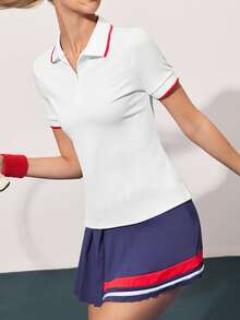 Gameset SHEIN Sport Kaos Polo Olahraga Lengan Pendek Wanita dengan Desain Resleting Warna Kontras - Putih - View 3