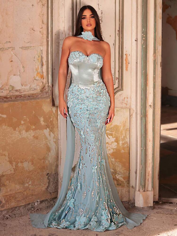 Glamrae Eleganter, luxuriöser grüner 3D-Blumen-Perlen-Elastik-Strick-Meerjungfrauenrock, sexy trägerloses, geeignet für Hochzeiten, Partys, Urlaube, Galas, Abendkleider (stark verziert) - Grasgrün - Übersicht 5