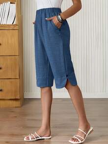 EMERY ROSE Women's Casual Village Style Button Mid-Length Linen Pants, Summer - Blue - View 8