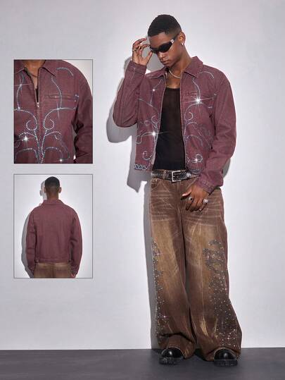 Street Life Chaqueta vaquera casual con cremallera frontal, bolsillos y mangas largas con cuello de turquesa para hombre