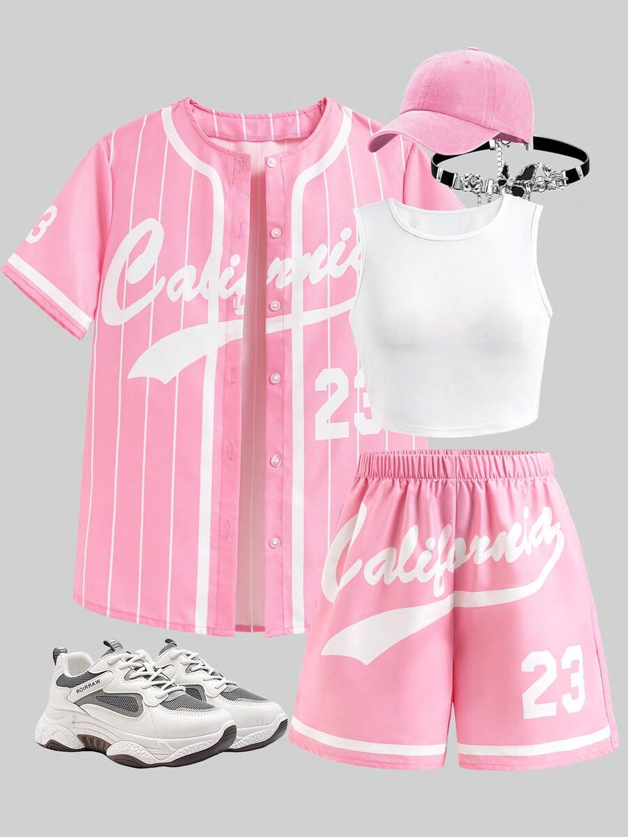 Sparklyn 少女黑色条纹复古字母印花宽松外套、黄色修身吊带背心和黄色短裤 - 粉色 - 查看 1