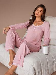 Lazeform Women's Lace Trim Square Neck Knit Long Sleeve Pajama Set - Pink - View 6
