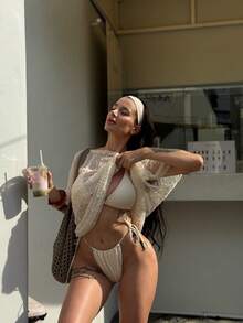 Conjunto de Bikini + Top Encaje Transparente Beige - 2 Piezas para Playa y Vacaciones Veraniegas en México - Beis - Ver 5
