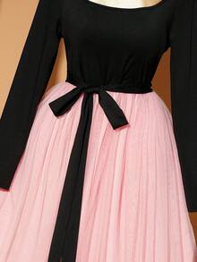 Rometta 时尚休闲法式复古浪漫优雅系带蝴蝶结方领网纱连衣裙 - 粉色 - 查看 5