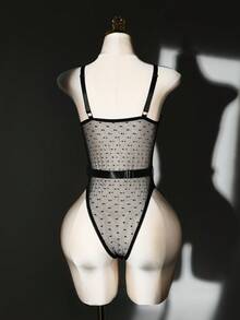 SHEIN 1件加大码性感蕾丝撞色网纱连体衣内衣 - 黑色 - 查看 2