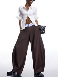 LYSMO 2026 New Arrive Minimalism Spring/Summer  Women's Waist Patchwork Polka Dot Pattern Pocket Flared Leg Casual Pants - Coffee Brown - View 5