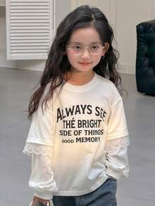 DAZY Young Girls Round Neck English Letter Lace Patchwork Long Sleeve T-Shirt Spring - White - View 5