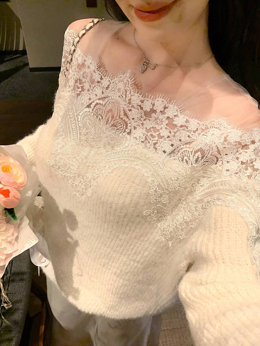 DAZY Women's Lace Girly Korean Style Long Sleeve Sweater, Autumn/Winter