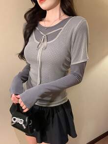 DAZY Bộ đồ 2 món dành cho nữ: Áo thun dài tay màu trơn và áo thun ngắn tay chấm bi. - Xám - Xem 3
