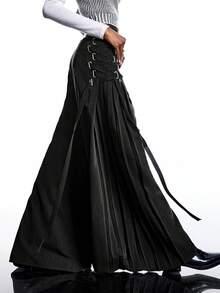 LYSMO Bộ sưu tập tối giản mới dành cho nữ mùa xuân/hè: Quần ống rộng xếp ly buộc dây màu trơn kiểu retro, chân váy midi đen, chân váy dài quấn, chân váy midi buộc dây, chân váy xếp ly. - màu đen - Xem 8