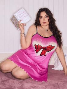 SHEIN Gaun Tidur Camisole Wanita Ukuran Besar dengan Motif Pita dan Hiasan Rumbai - Hot Pink - View 5