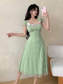 Modelyn 女式蕾丝拼布花卉装饰3D花卉装饰夏装 - 綠色 - 查看 6