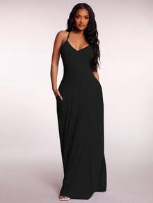Radiana 女士性感优雅飘逸A字黑色吊带连衣裙，露背长裙，适合海岛度假、海滩、约会、派对，舒适休闲居家/日常穿着。 - 黑色 - 查看 5