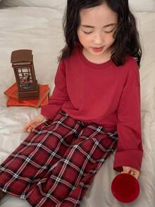 DAZY Young Girl Solid Color Round Neck Drop Shoulder Long Sleeve T-Shirt And Plaid Wide Leg Pants Loungewear Set