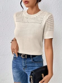 EMERY ROSE Blusa de punto de cuello redondo de unicolor y manga corta para verano, ropa para Año Nuevo - Albaricoque - Ver 4