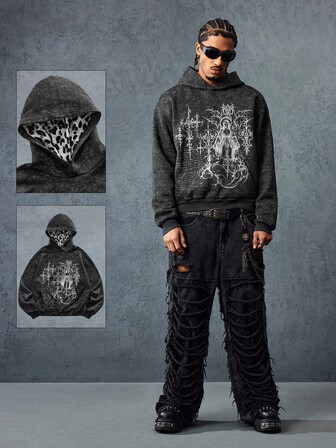 Anime Men's Dark Gothic Graphic Print Hoodie Sweatshirt, Long Sleeve Top