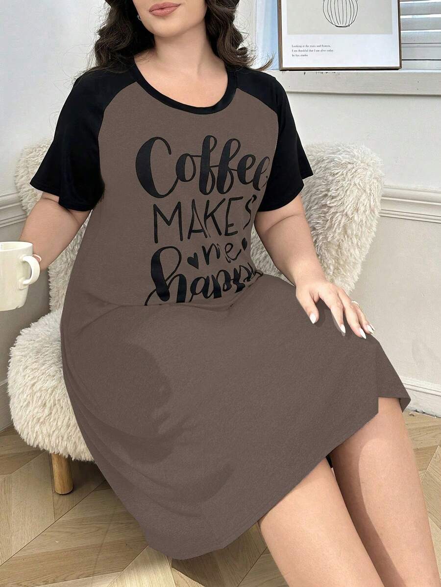 SHEIN Plus Size Casual English Letter Print Contrast Color Raglan Sleeve Nightgown - Mocha Brown - View 1