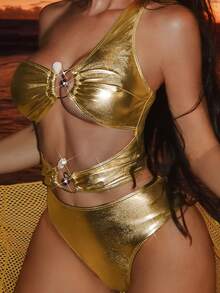 SHEIN Swim SXY 2件套女士新款连体泳衣，带闪亮镂空网纱裙摆，春夏泳装套装 - 金色 - 查看 3