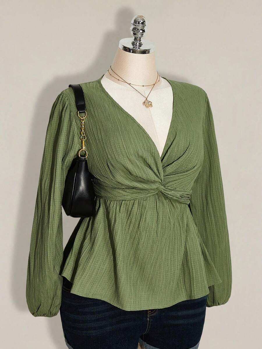 SHEIN ICON Plus Size Women Twist Knot Textured Black Lantern Sleeve Top - Mint Green - View 1