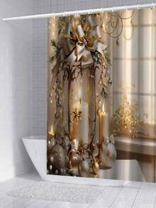 1/4 件套圣诞金色蜡烛印花浴帘套装，浴室套装，含 12 个挂钩、浴垫、马桶座套和 U 型垫 - 适用于步入式淋浴间的季节性装饰、家居装饰、圣诞装饰、节日装饰、浴室浴帘套装、圣诞礼物 - 彩色 - 查看 7