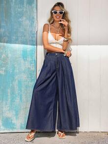 Vivid Eden 女士纯色中腰褶裥口袋宽松牛仔裤 - 深色水洗藍 - 查看 1