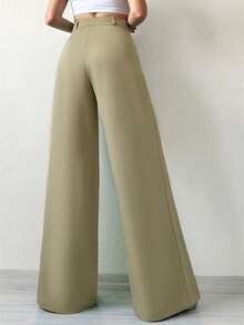 SHEIN Tall Women's Solid Color Wide Leg Suit Pants - Army Green - View 2