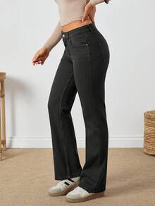 EURMUSE Mocha Brown Comfort Fabric Low Waist Straight Leg Denim Jean - Dark Grey - View 3
