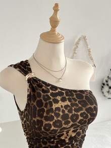 Flirla Women's Fashion Leopard Print Asymmetric Shoulder Metal Buckle Camisole, Sexy Bombshell Style Club Night Out Brown Summer - Multicolor - View 3