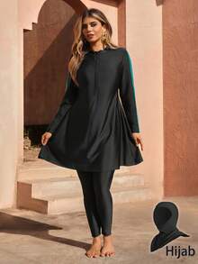 Swim Mulvari Plus Size Women 2pcs Solid Color Patchwork Front Zipper Hooded Rash Guard & Modest Burkini Swimsuit Set Summer Bikinis Summer 2026 Christmas Clothes New Year Clothes Party Clothes Beach Outfit For Women Casual Clothes - Black - View 5