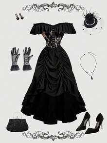 SHEIN MOD 女士黑色复古露肩长裙，西部风女装，乡村风服装，哥特风服装，波西米亚风连衣裙，仙女风，邮轮风女装，复古女装，束身连衣裙 - 黑色 - 查看 1