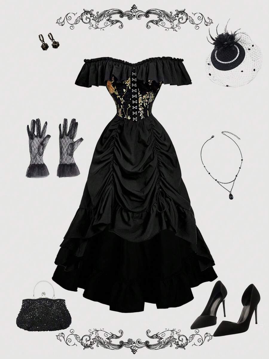 SHEIN MOD 女士黑色复古露肩长裙，西部风女装，乡村风服装，哥特风服装，波西米亚风连衣裙，仙女风，邮轮风女装，复古女装，束身连衣裙 - 黑色 - 查看 1