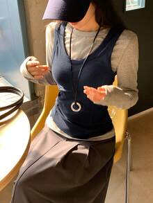 DAZY 女士休闲圆领无袖背心和纯色长袖T恤两件套家居服套装 - 灰色 - 查看 5