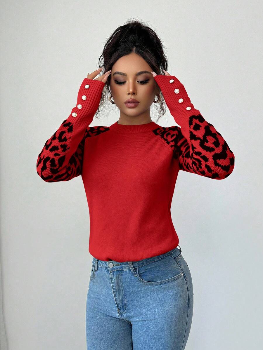 Elenzga Women's Fashionable Leopard Print Patchwork Pearl Button Raglan Sleeve Fitted Knit Sweater - Red - View 1