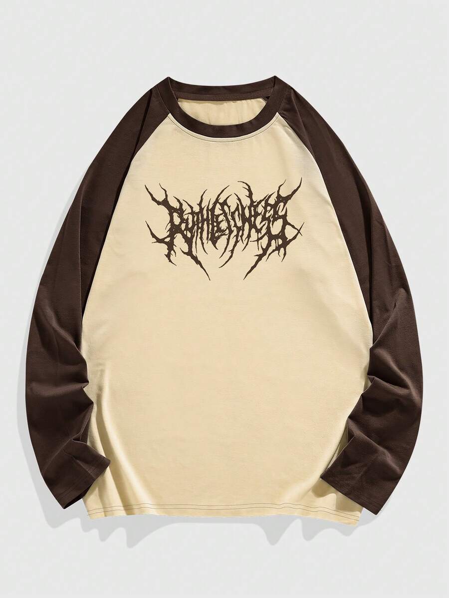 ROMWE MEN Academia 男士撞色印花圆领长袖T恤