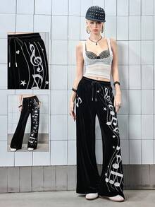 ROMWE Avant Millennium Diva Ultra Low Waist Wide Leg Musical Note Embroidered Velvet Women Sweatpants