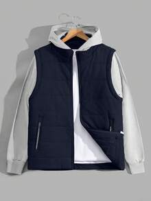 Men High Quality Jersey Sleeves Zip Up Regular Winter Coat - Navy Blue - View 1
