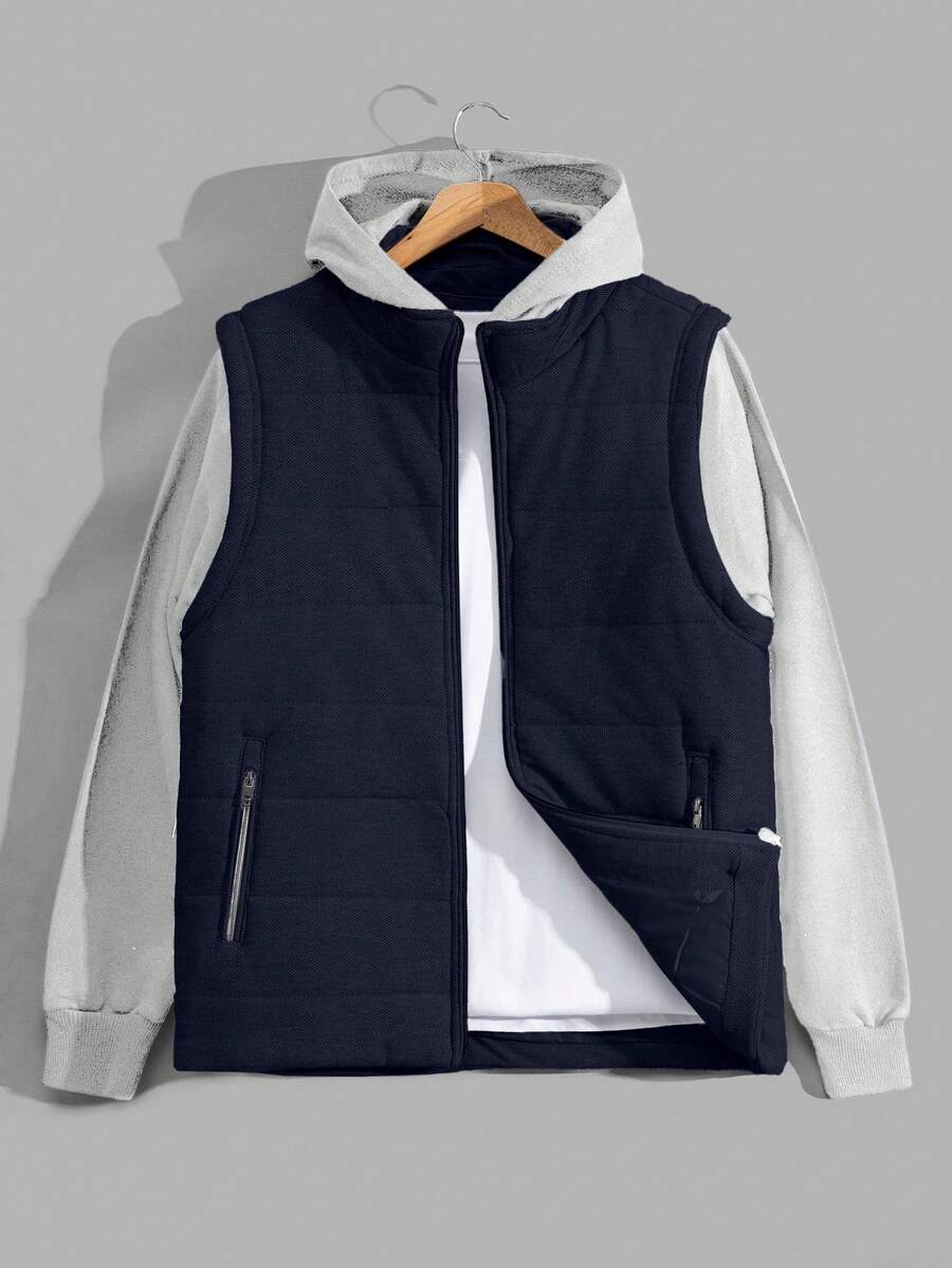 Men High Quality Jersey Sleeves Zip Up Regular Winter Coat - Navy Blue - View 1