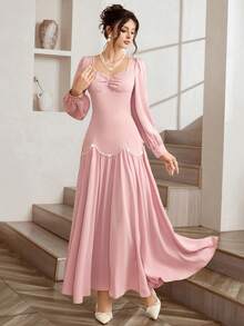 Opuloom Women's Woven Fabric Bustier Style Pleated Front Panel, Gathered Sleeve Head, Lantern Sleeve, Waist Cinched, Bodycon, Floral Petal Beaded Sequin Pearl Pleated Maxi Dress, Vintage Elegant Luxurious Party Holiday Outing Date, Faux Brown, Autumn/Winter/Spring