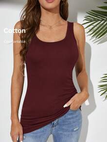 SHEIN Tall 女款酒紅色抓皺圓領長版背心上衣，休閒舒適面料，適合日常穿著，適合高個女性 - 酒紅色 - 查看 6