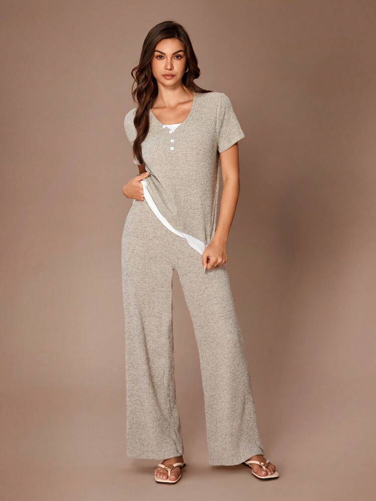 SHEIN Fashionable & Comfortable 2 In 1 Top, Suitable For Loungewear - Khaki - View 3