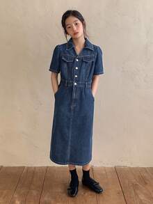DAZY 少女泡泡袖牛仔连衣裙，春夏款 - 藍色 - 查看 3